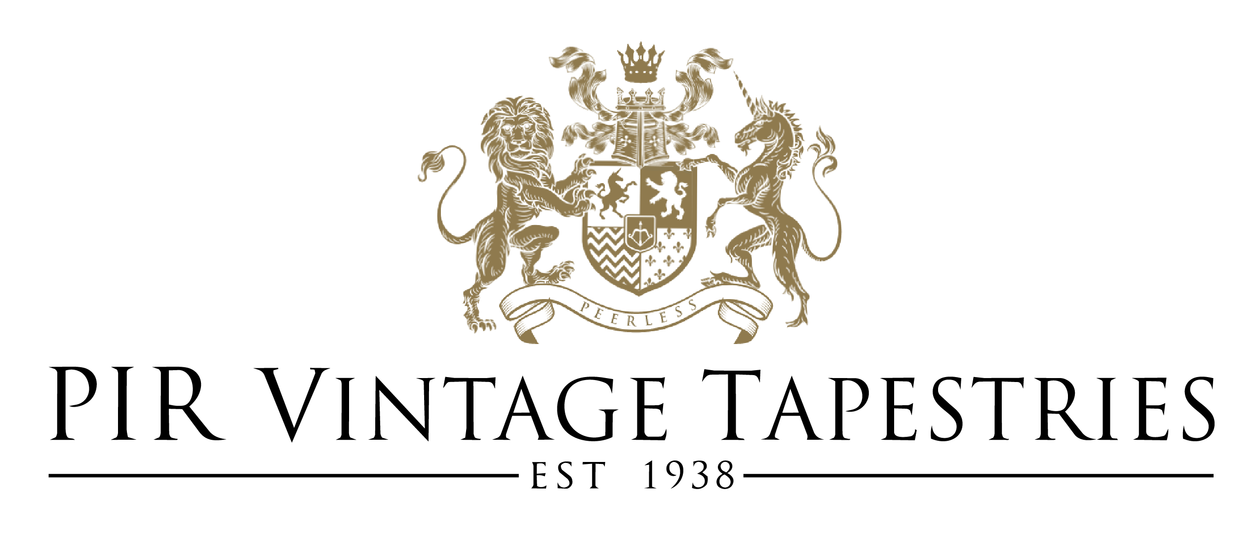 PIR Vintage Tapestries logo with crest and 'Est. 1938' tagline, transparent background